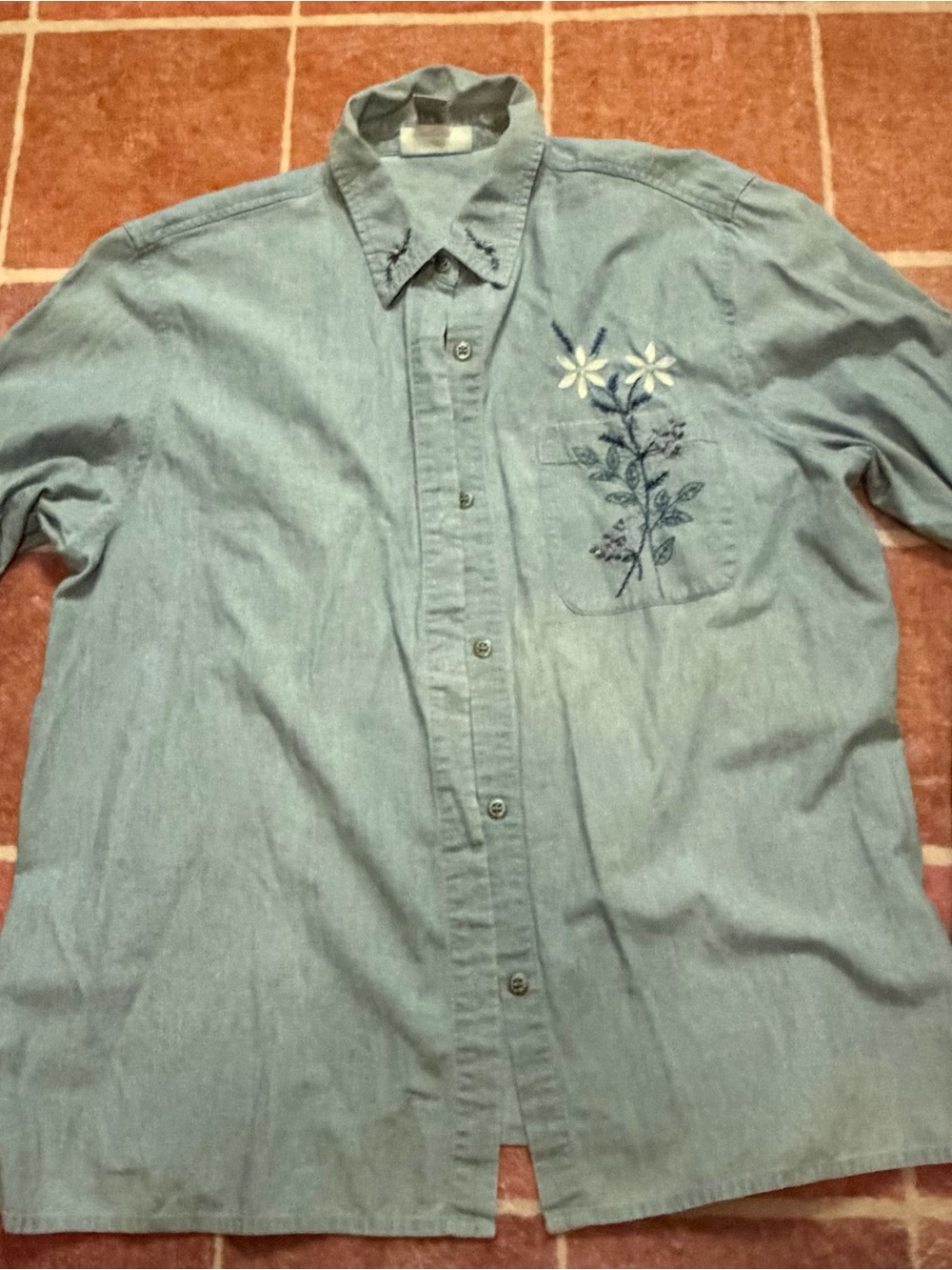 Alfred Dunner Light Blue Button-Down Shirt with Embroidered Pocket